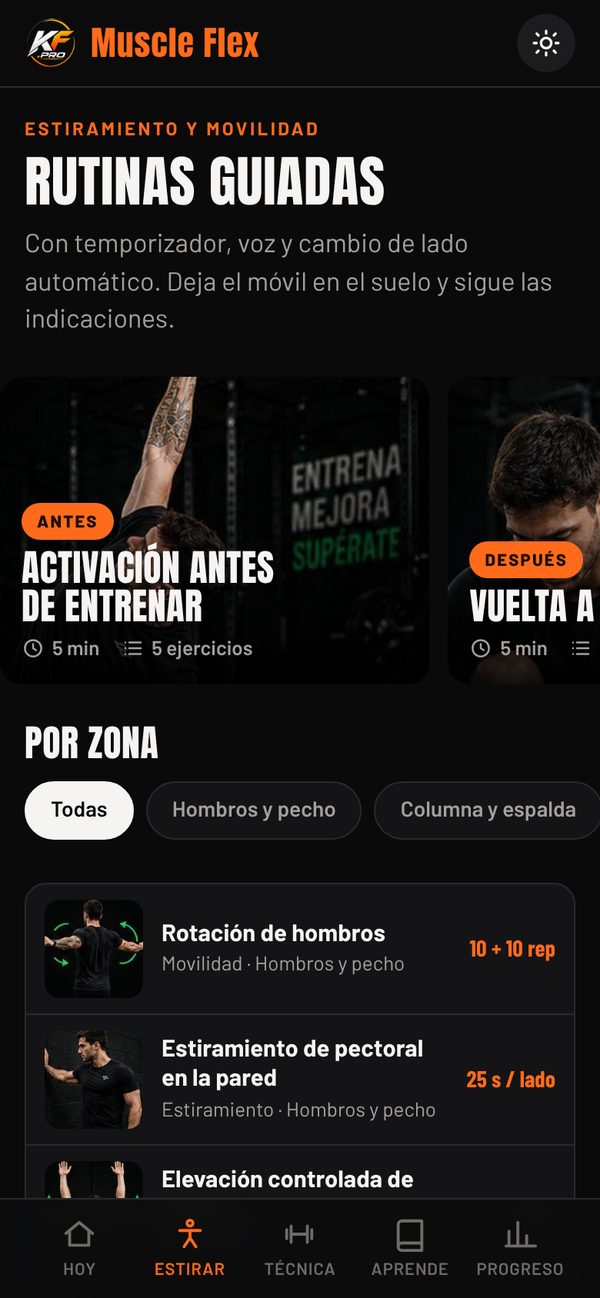 Lista de rutinas guiadas y estiramientos por zona