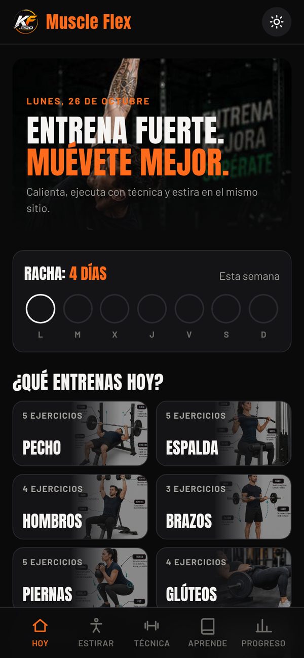 Pantalla de inicio de KF Muscle Flex con racha semanal y selección de entreno