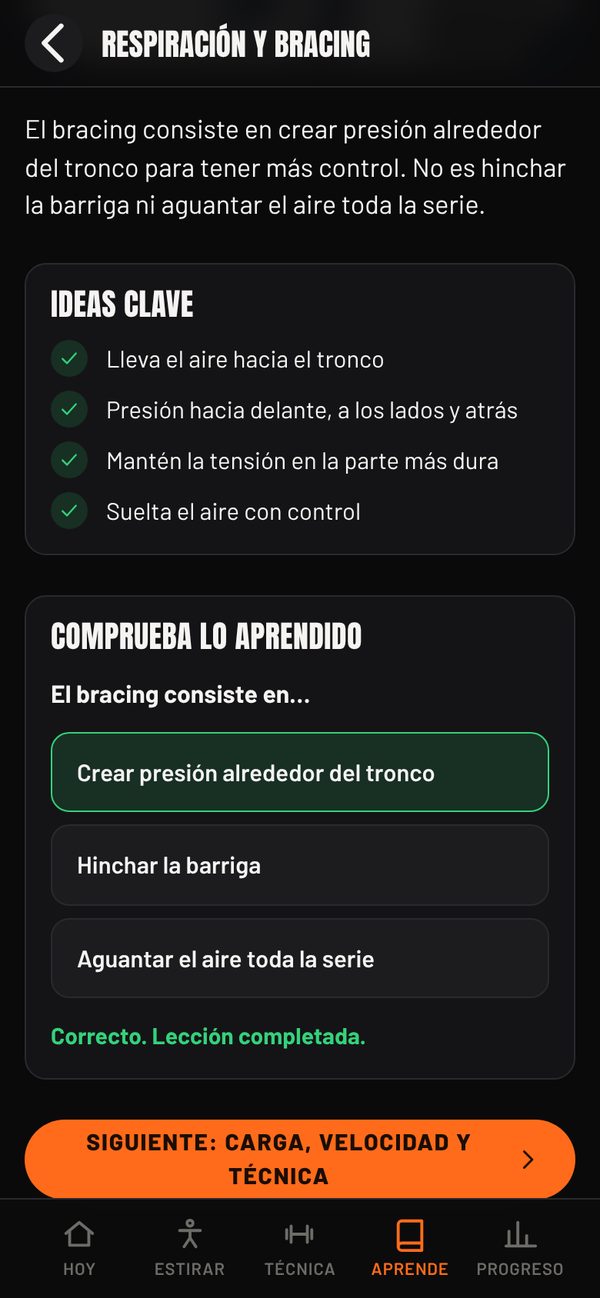 Lección de respiración y bracing con pregunta final