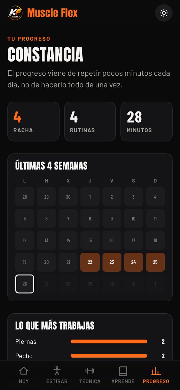 Pantalla de progreso con racha, calendario y ajustes